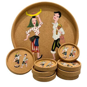 Mid-Century Hand-painted Portuguese Folk Cork Coaster Set